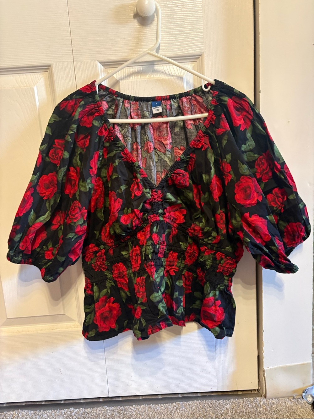 Old Navy Black Blouse with Red Rose Print and Green Leaves